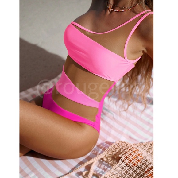 Pink Ombre Mesh Insert One Piece Monokini Swimsuit - Picture 2 of 6